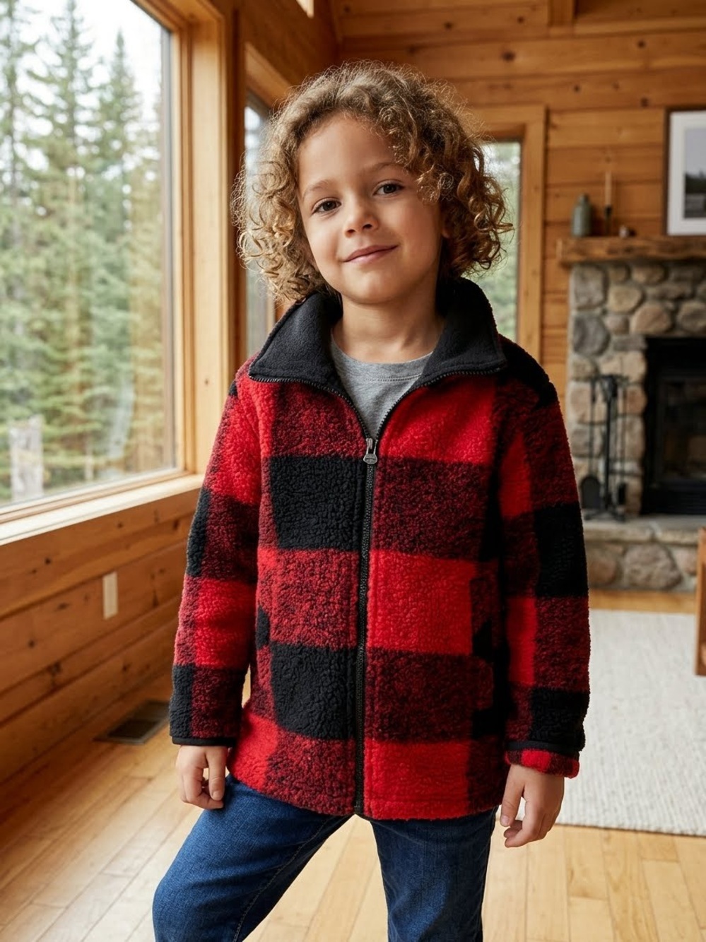 ROOTS Kids Seymour Wool Red and Black Plaid Zip-Up Pea Coat (4T)